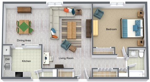 a floor plan of a one bedroom apartment with a living room and dining area